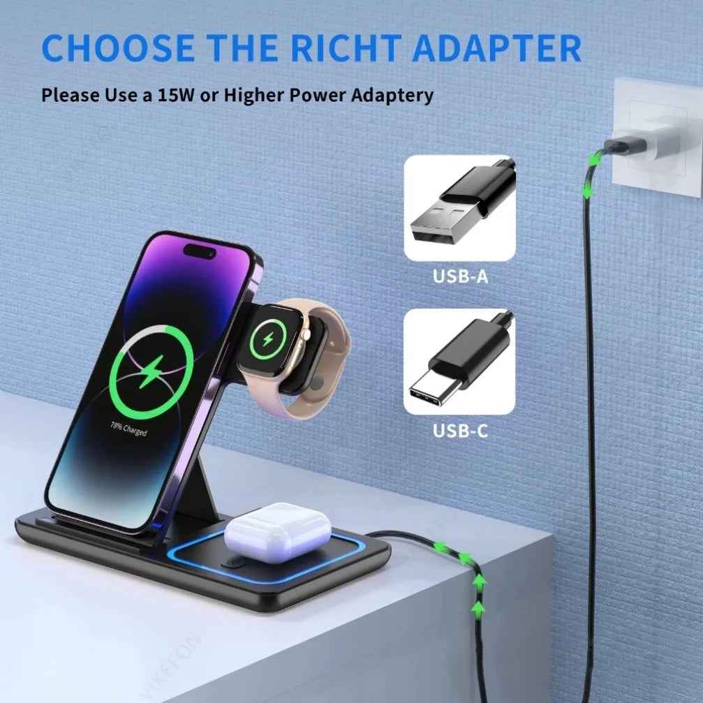 3 in 1 Foldable Wireless Charging Station – iPhone 12-17 Apple Watch AirPods